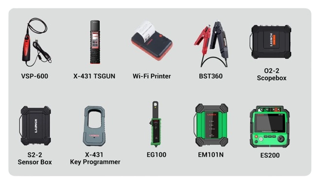 Launch X-431 PRO 3 LINK diagnostic scanner with compatible addon modules displayed, including oscilloscope, sensor box, battery tester, videoscope, and Wi-Fi printer options for expanded vehicle diagnostics.