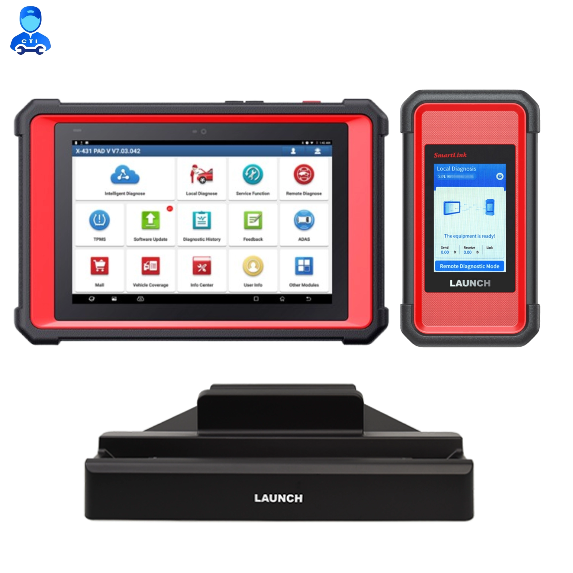 Launch X431 PAD V Link kit featuring 10.1-inch tablet, Smartlink VCI, and dedicated charging dock.
