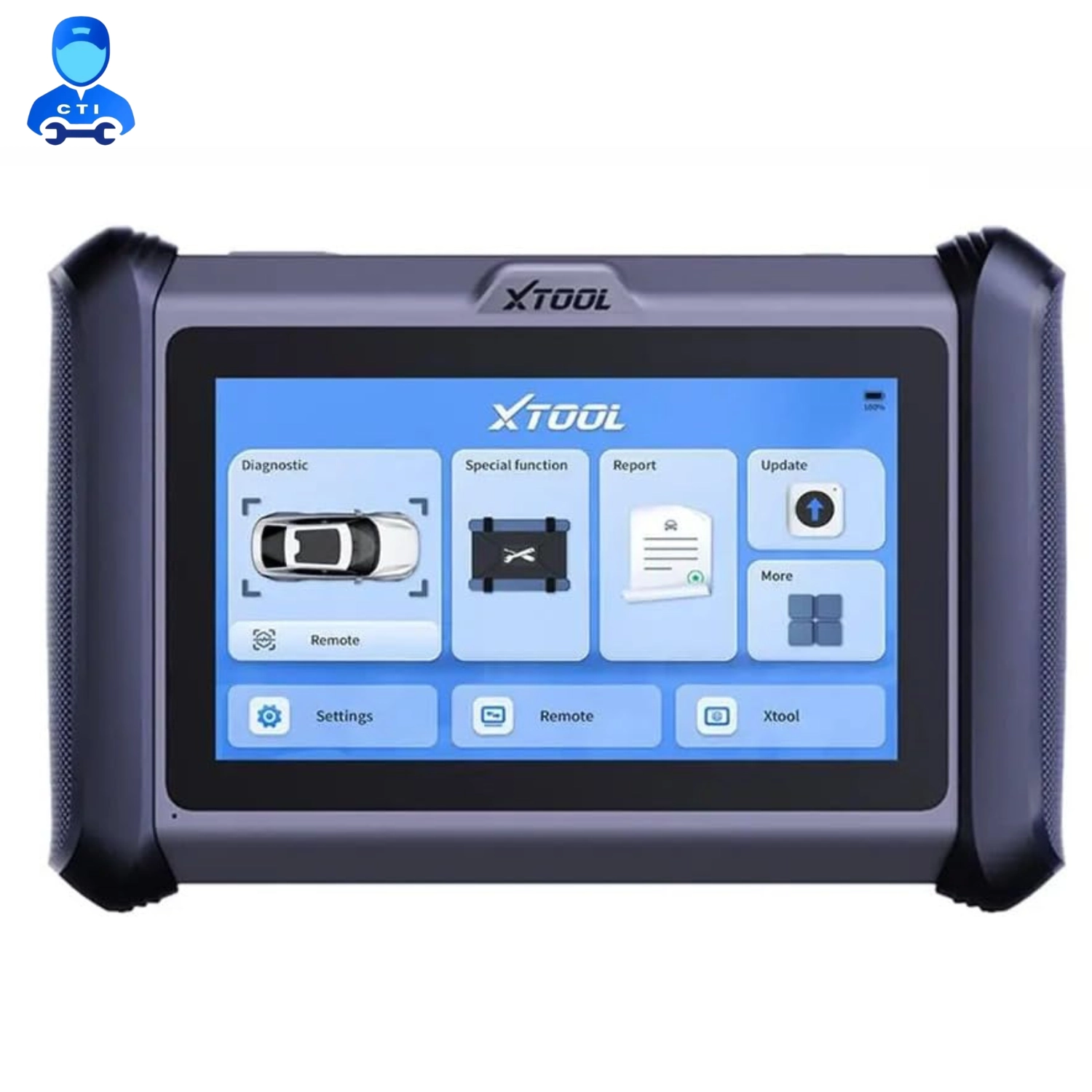 XTOOL XT70 car scanner Indian version with ECU programming support, showing the touchscreen main menu and rugged protective casing.