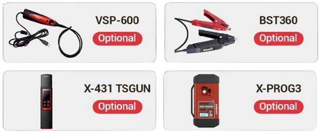 Optional Launch add-ons displayed: VSP-600 video scope, BST360 battery tester, X-431 TSGUN TPMS tool, and X-PROG3 immobilizer programmer.