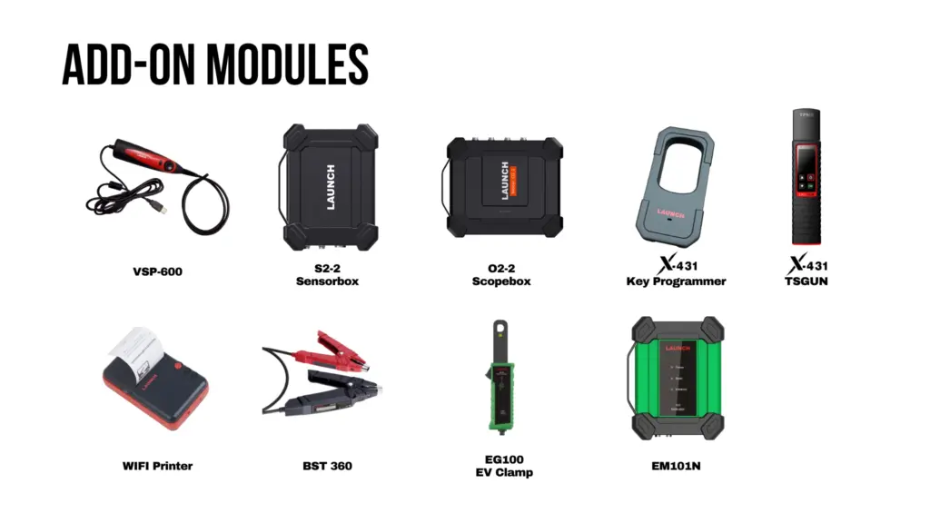 Collection of Launch X-431 PRO SE expansion modules: VSP-600 Videoscope, S2-2 Sensorbox, O2-2 Scopebox, Key Programmer, TSGUN, WiFi Printer, BST 360, EG100 EV Clamp, and EM101N.