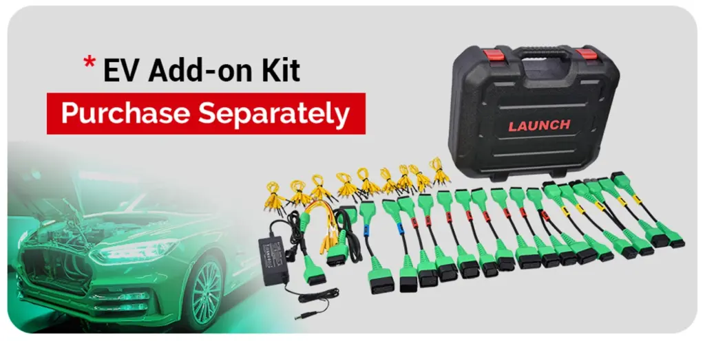Launch X-431 EV Add-on Kit with specialized battery pack connectors and carrying case.