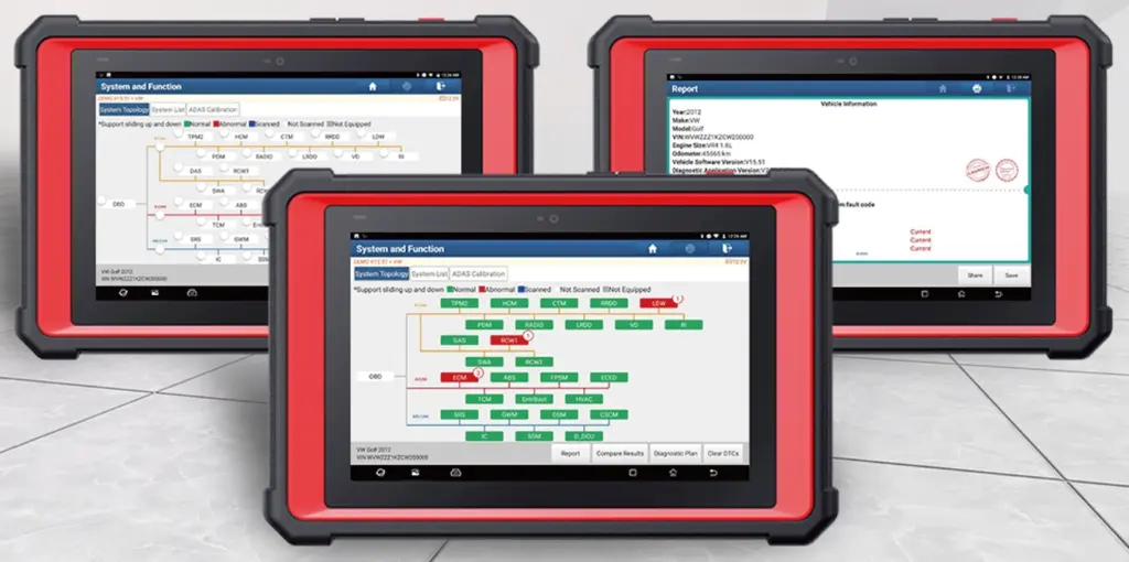 Launch PAD V screen showing the color-coded System Topology map and diagnostic report.