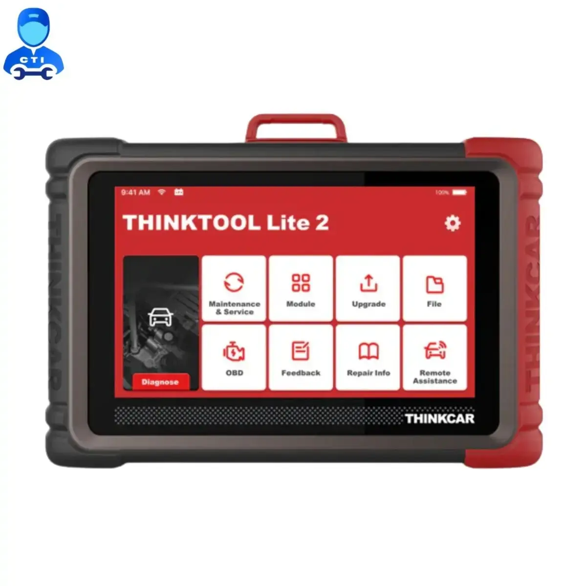 A direct front view of the Thinkcar Thinktool Lite 2 smart diagnostic tool. The 7-inch touchscreen displays a red and white interface with tiled icons for "Diagnose," "Maintenance & Service," "Module," "Upgrade," "File," "OBD," "Feedback," "Repair Info," and "Remote Assistance."