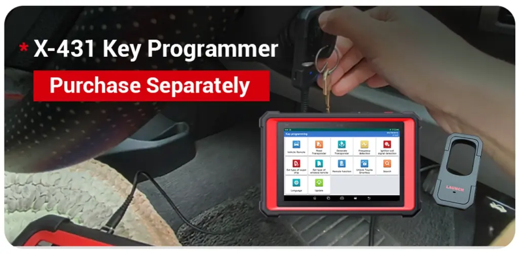 Launch X-431 Key Programmer being used for vehicle remote and transponder matching.
